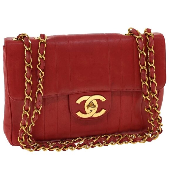 CHANEL Mademoiselle Big Coco Double Chain Shoulder Bag Lamb Skin Red Auth 29129A - Picture 1 of 16